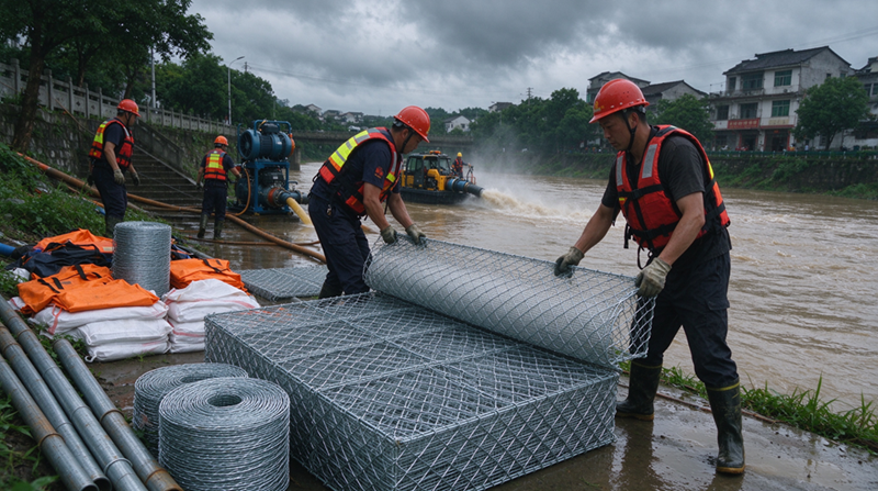 Changshu Jianghe Vloedvoorkomingsprodukte lewer skanskorf en gegalvaniseerde gaasmateriaal vir Binne-Mongolië-nooddreineringondersteuningsprojek